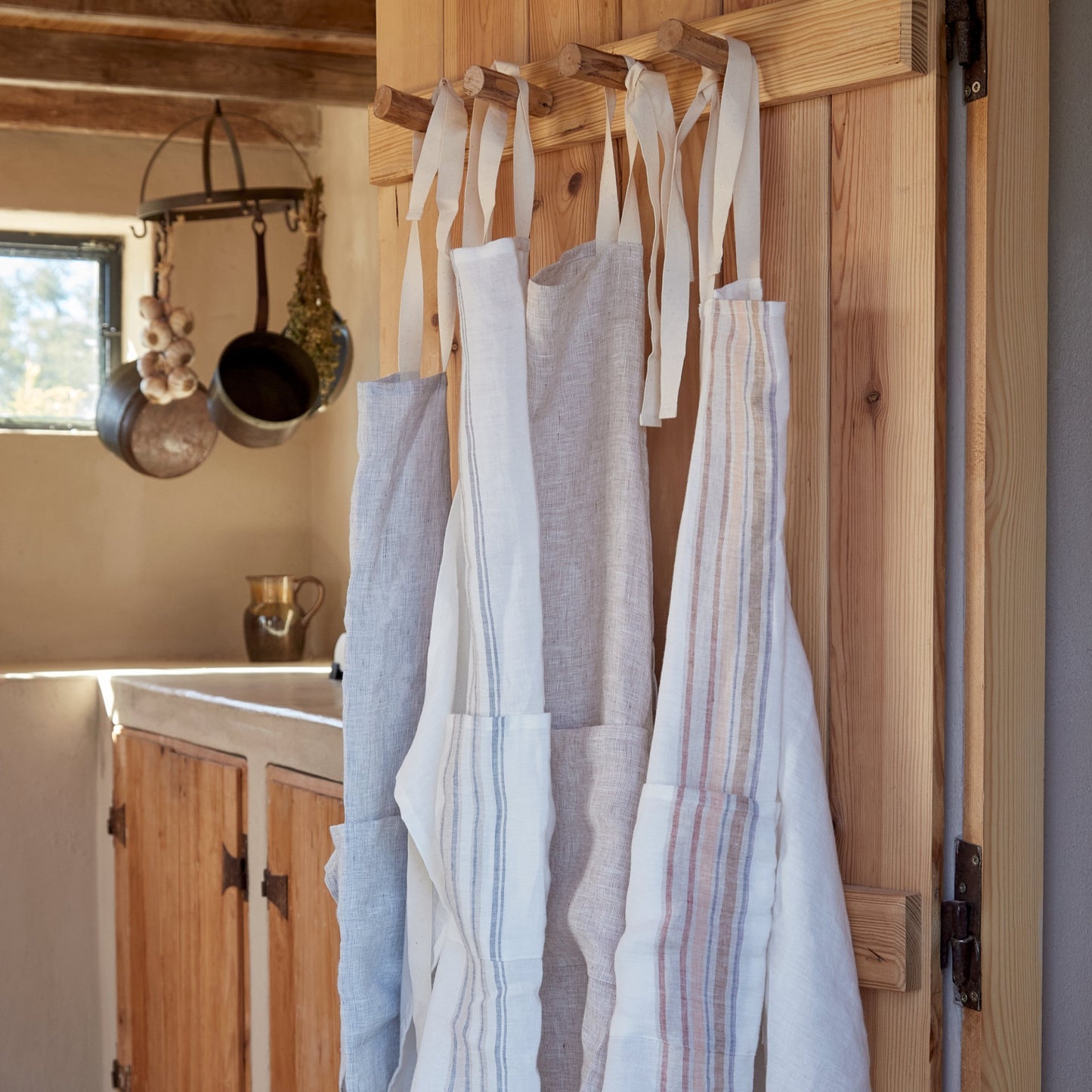 Kitchen Apron 100% Linen Blue Cream