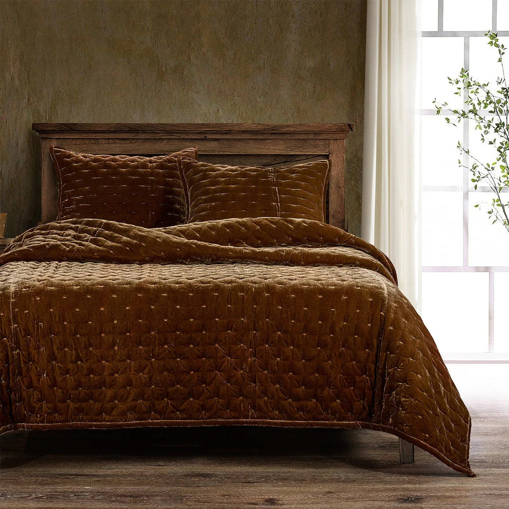 Sienna Faux Silk Velvet Quilt Copper Brown