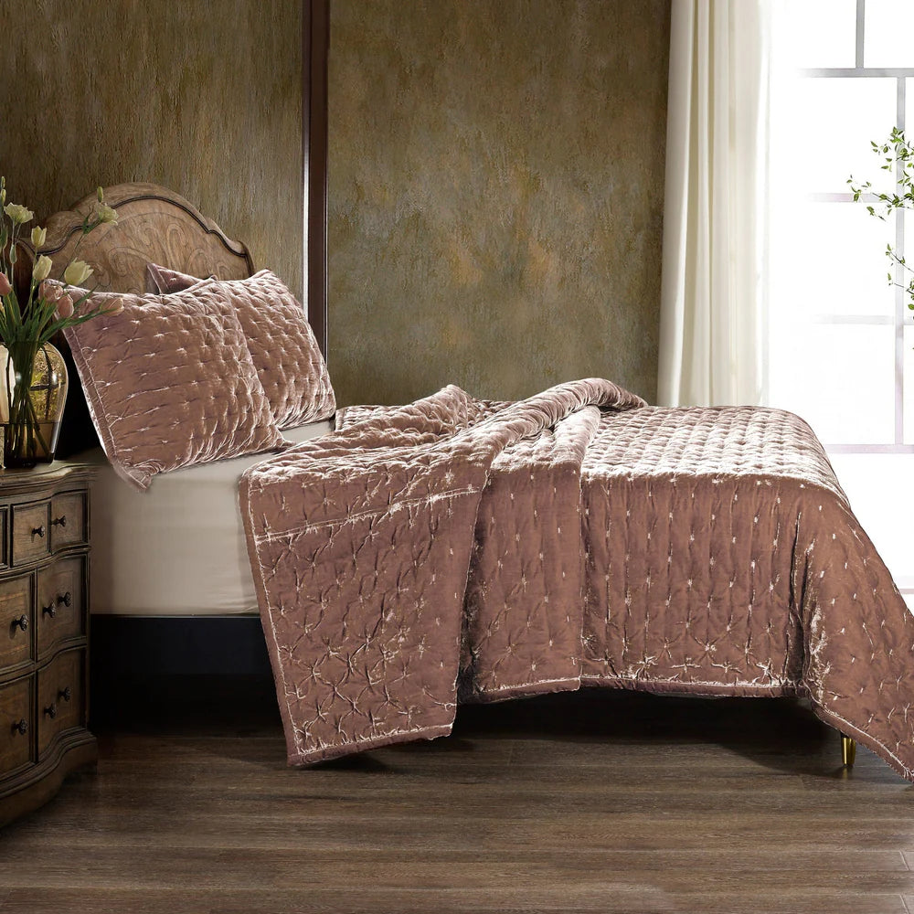 Sienna Faux Silk Velvet Quilt Copper Dusty Rose