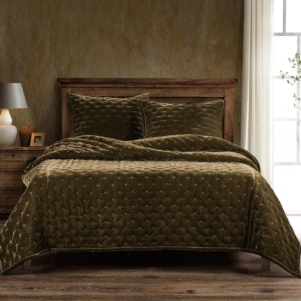 Sienna Faux Silk Velvet Quilt Copper Green Ochre