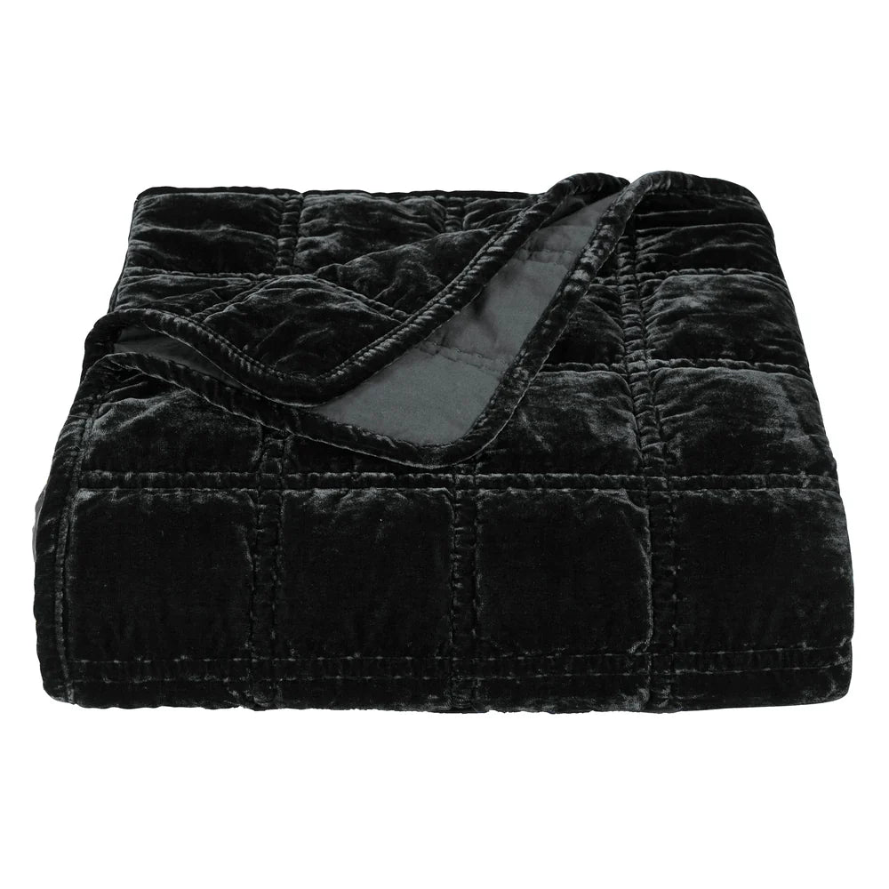 Sienna Faux Silk Velvet Double Box Stitch Throw Black