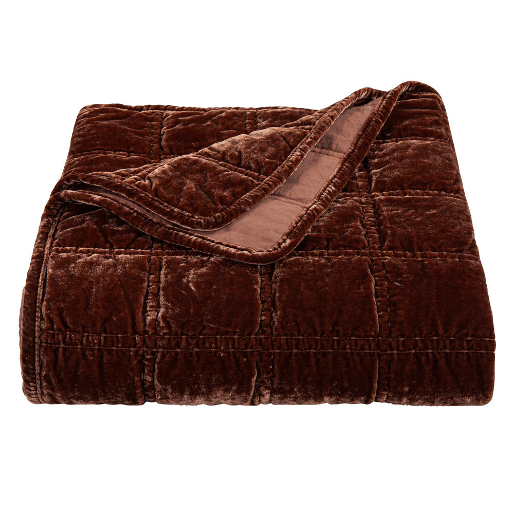 Sienna Faux Silk Velvet Double Box Stitch Throw Copper Brown