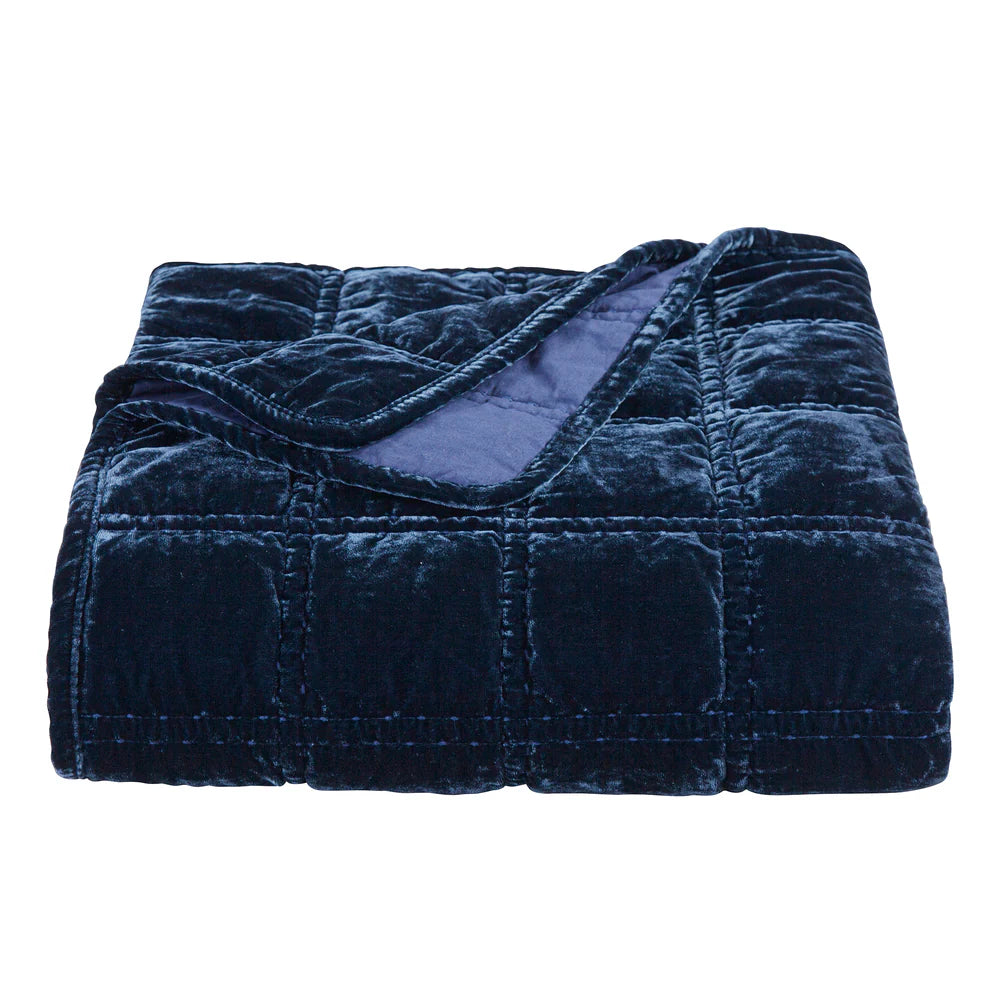 Sienna Faux Silk Velvet Double Box Stitch Throw Midnight Blue