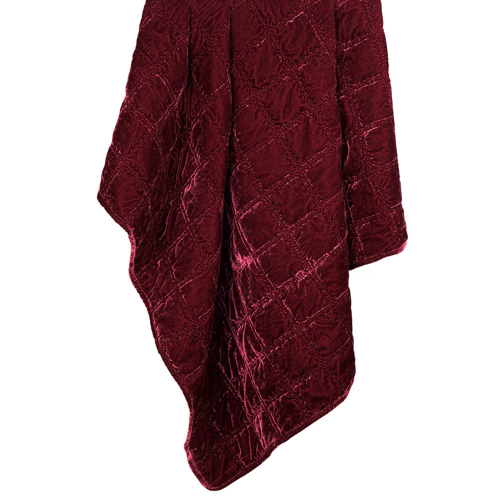 Sienna Faux Silk Velvet Double Box Stitch Throw Garnet Red