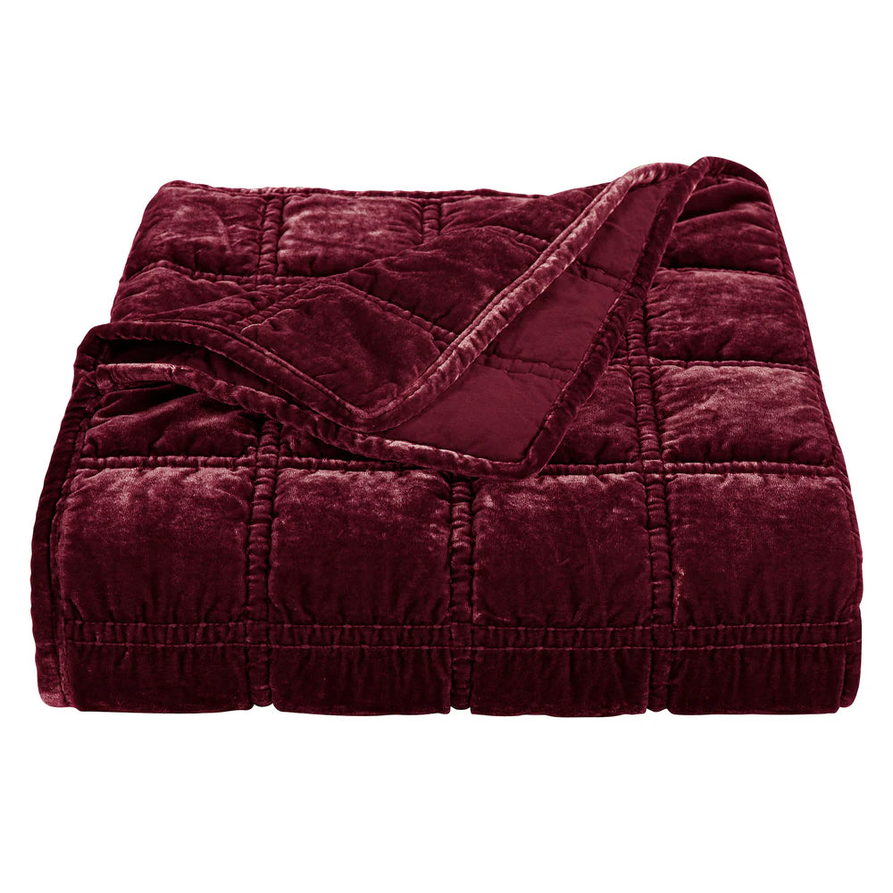 Sienna Faux Silk Velvet Double Box Stitch Throw Garnet Red